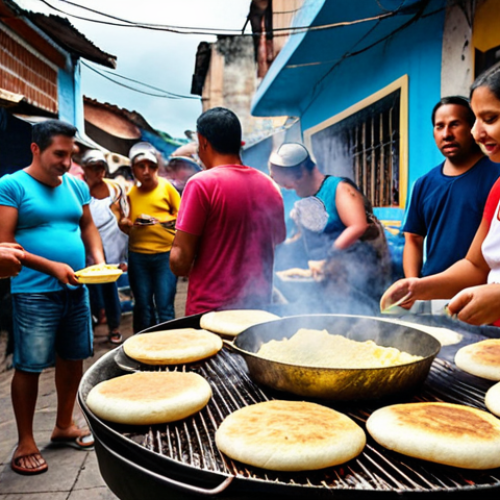 Home 4 **A vibrant street food scene in Colombia, showcasing a vendor grilling arepas on a traditional "comal."** The arepa should be golden brown and slightly charred, with steam rising from it. People are gathered around, enjoying the food. This image should emphasize the cultural importance of arepas as a readily available and popular snack.