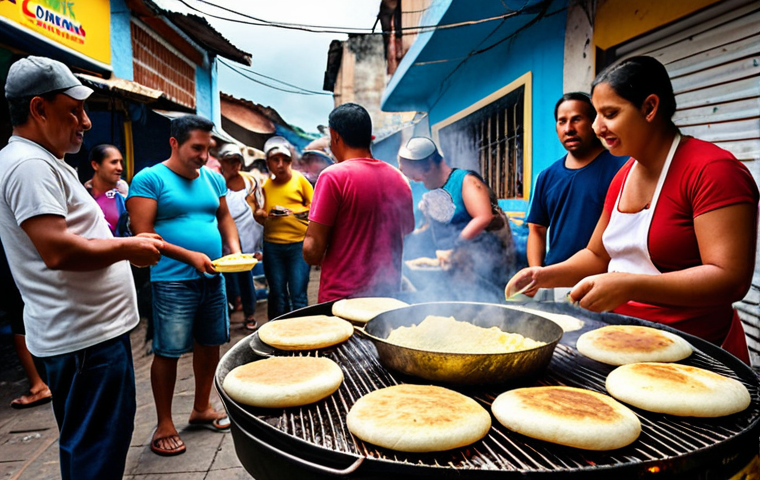 **A vibrant street food scene in Colombia, showcasing a vendor grilling arepas on a traditional "comal."** The arepa should be golden brown and slightly charred, with steam rising from it. People are gathered around, enjoying the food. This image should emphasize the cultural importance of arepas as a readily available and popular snack.